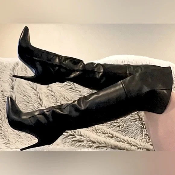 Halston Hertiage Olivia Over the Knee Leather Boots - Jet Black - Picture 3 of 12